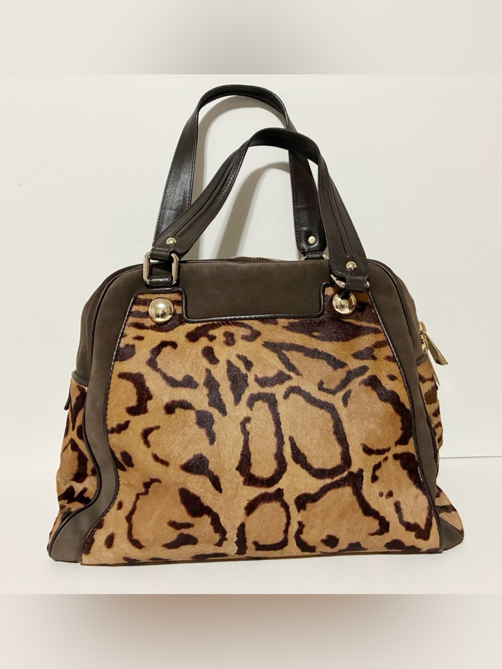 Authentic MaxMara Leopard Print Calfskin Velvet Large Handbag Brown Preowned